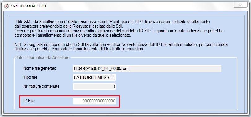 non è stato già inserito nell'archivio di quelli predisposti per l'annullamento Nel caso in cui si selezioni un rigo con l'id File a zero (invio eseguito tramite il portale web Fatture e