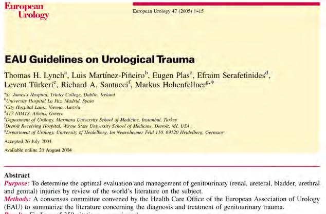 Traumi genitali Linee guida EAU (European Association of Urology) Traumi non penetranti -imaging Completamento dell esame clinico, che già da solo orienta il trattamento Uretrorragia: uretrografia La