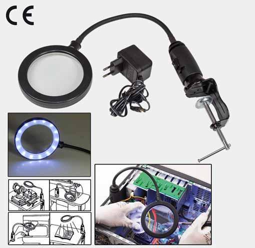 Lente di ingrandimento snodata con illuminazione a led Potente lente di ingrandimento in cristallo montata su base magnetica con braccio snodato, dotata di illuminazione con 14 led, praticissima per