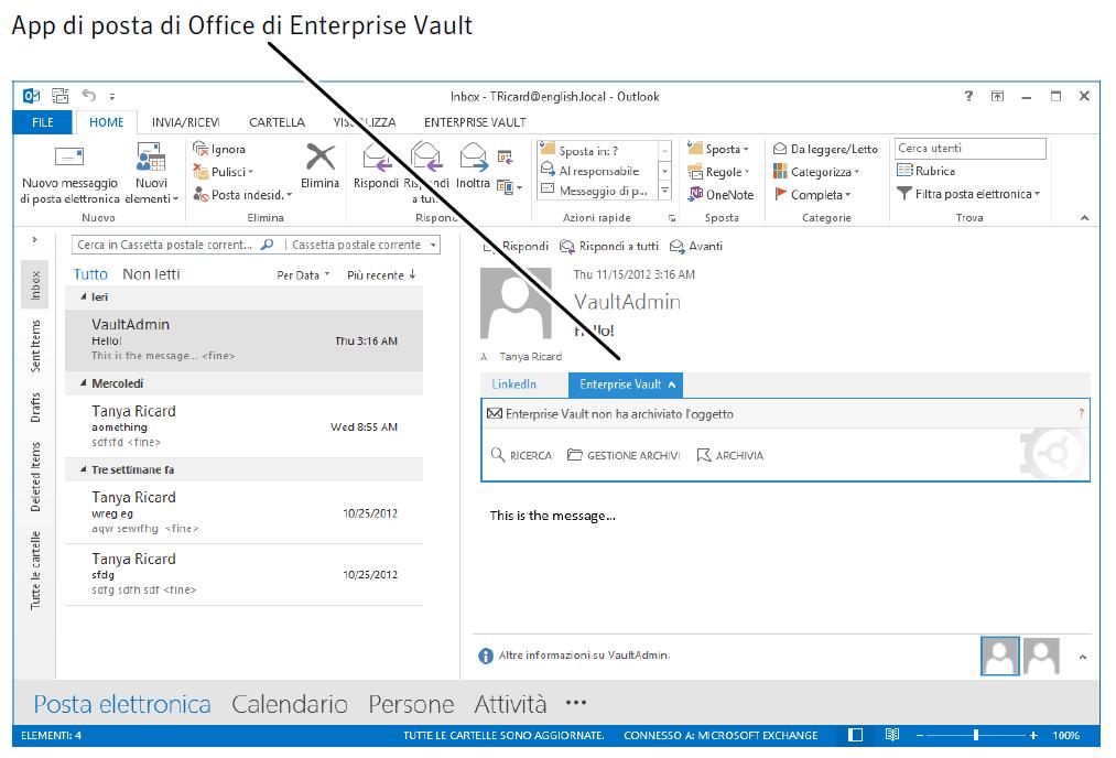 Opzioni e icone delle cassette postali di Enterprise Vault App di posta di Office in Enterprise Vault (solo Outlook 2013 e versioni successive) 26 Tenere presente i seguenti punti relativi all app di