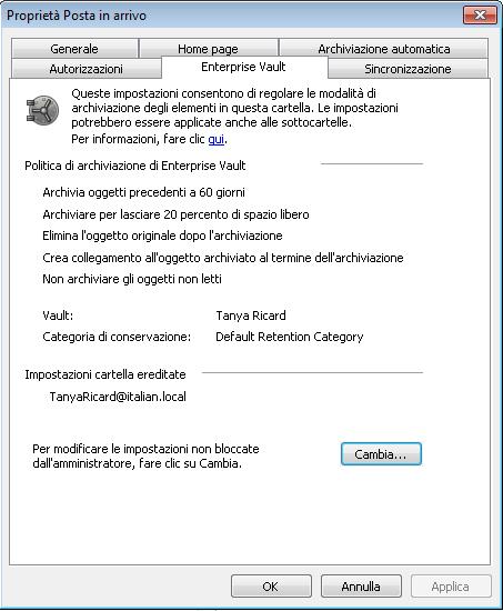 Gestione dell archiviazione con Enterprise Vault Impostazione delle proprietà di Enterprise Vault per una cassetta postale o una cartella 47 4 Selezionare le opzioni desiderate.