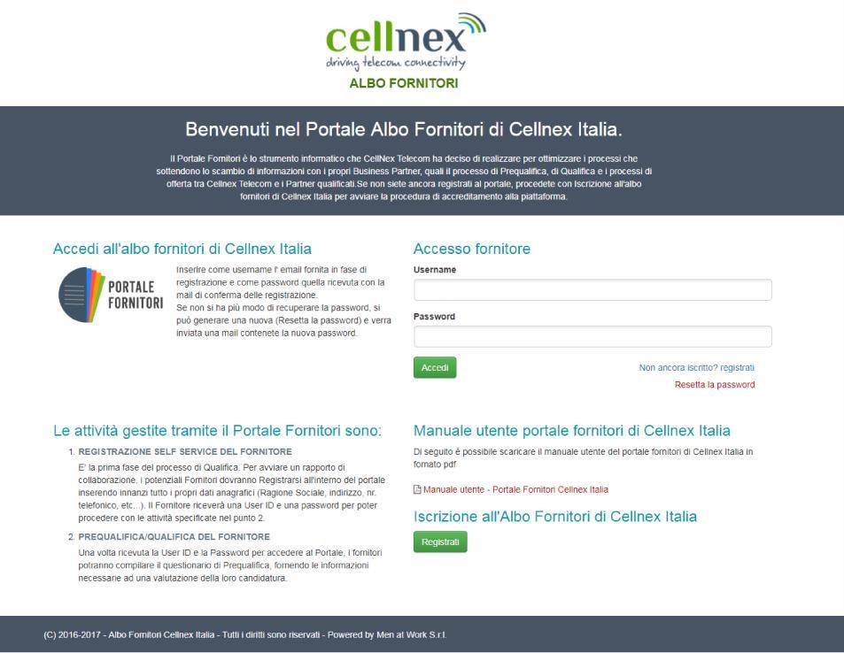 2. Home page Albo Fornitori di Cellnex Italia Figura 1: Home page per l accesso/registrazione all albo fornitori di Cellnex Italia La maschera con la quale l applicazione per la