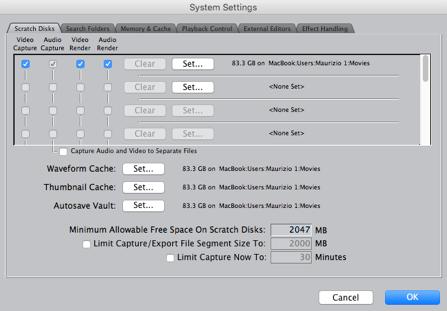 Operazioni preliminari - System Settings Final Cut Pro -> System Settings La funzione principale del System Settings è quello di specificare lo Scratch Disc.