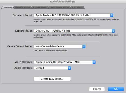 Operazioni preliminari - Audio-Video Settings Final Cut Pro -> Audio/Video Settings L operazione di Audio/Video Setting permette di impostare una sequenza (Sequence Preset) corrispondente al formato