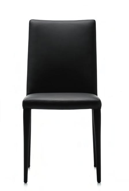 Padded chair, fully upholstered with leather or fabric. Flexible back with harmonic steel blades. Steel frame.