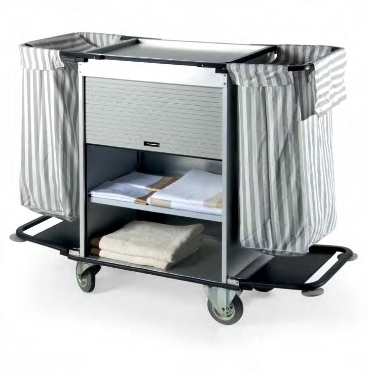 paracolpi, consigliato per cinque camere Room service trolley Materials: silver pre-painted, zinc-coated plate 35,4" x 23,6" x 43,3" h Weight: 60 lb Details: cotton laundry sack, equipped with rubber
