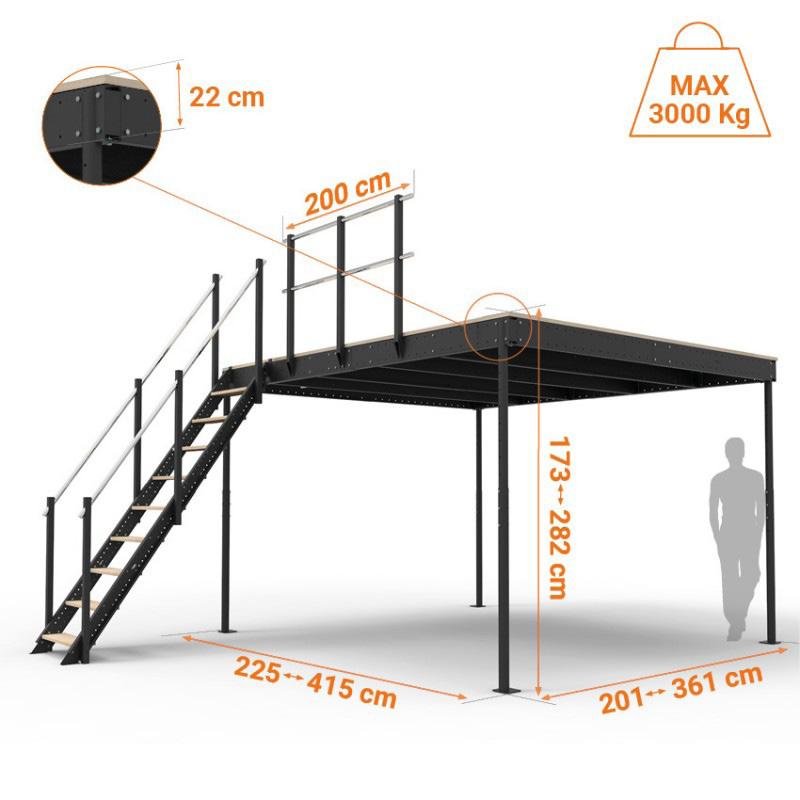 /max m 1,73/2,83 (regolabile ogni 12 cm ) Portata max totale Kg 3000. Scala comoda da 54 con gradini in legno antisdrucciolo (dimensione gradini mm 205x730). Montanti telescopici in acciaio.