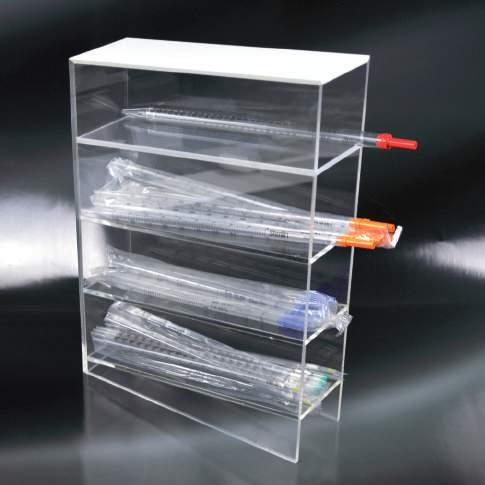 Complete with four slightly inclined shelves which allow to accomodate serological pipettes in plastic or glass of different capacities. DIM.