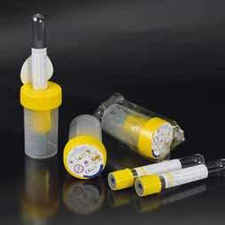 Contenitori per urine graduati fino a 45 ml, tappo a vite giallo con dispositivo per aspirazione con provette sottovuoto. Con etichetta applicata sul tappo per la protezione del sistema di prelievo.