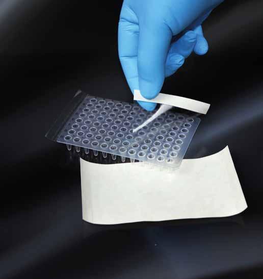 The silicon-based adhesive component does not release residues which might cause optical interference. Each seal is supplied on a white paper release liner.