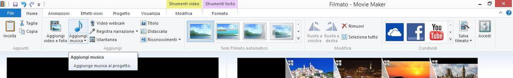 GESTIONE MUSICA INSERIMENTO BRANO Per inserire un file audio di sottofondo al filmato si utilizza il comando AGGIUNGI MUSICA presente sulla barra HOME e si sceglie se aggiungere il file audio a