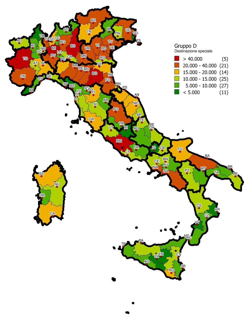 La mappa in Figura 28 presenta la distribuzione dello stock del gruppo D nelle province italiane, da cui appare evidente la concentrazione