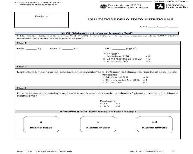 Nutritional Screening MUST Peso abituale kg.. Peso attuale Kg.. Peso tre mesi fa kg. Altezza cm.. a. BMI (kg/m 2 ): b. perdita di peso in 3-6 mesi: 0 > 20.0 0 < 5% 1 = 18.5 20,0 1 = 5-10% 2 > 18.