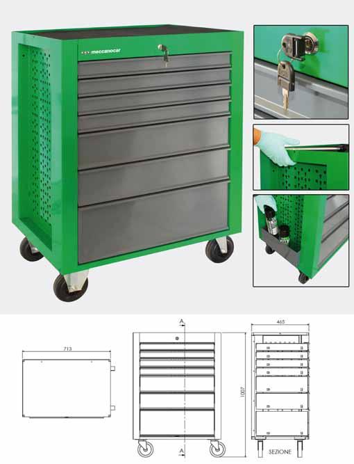 Carrello 7 cassetti Carrello portautensili a 7 cassetti. Con chiusura centralizzata. 4 cassetti piccoli formato 576x415x60mm. 2 cassetti medi formato 576x415x130mm.