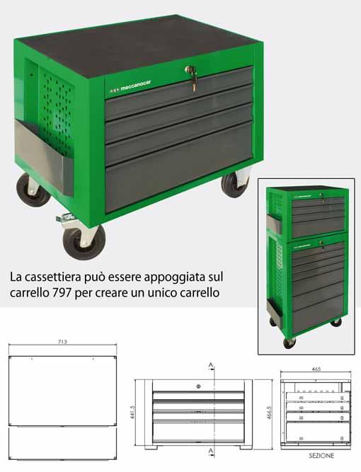 Piano superiore con tappeto anti-olio. Con ruote diam.125mm. Struttura colore verde ral6029 lucido,cassetti grigio ral7011. Portata carrello kg 400,portata cassetti kg 45 Desc.