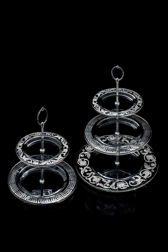 Two and three tiers cake plate made of transparent glass and stainless steel cake stands.