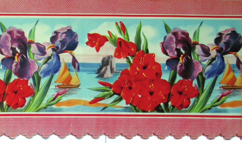 Fig. 4: Bordura da camino policroma a soggetto floreale; sullo sfondo, nella parte centrale del paesaggio marino, un faraglione di Capri.