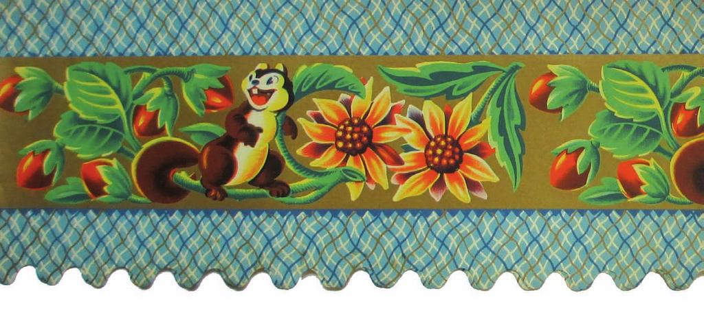 Fig. 12: Bordura da camino policroma disneyana ; parte centrale con composizione di scoiattoli in un contesto di fiori e boccioli ispirati al cartone di Walt Disney Cip e Ciop.