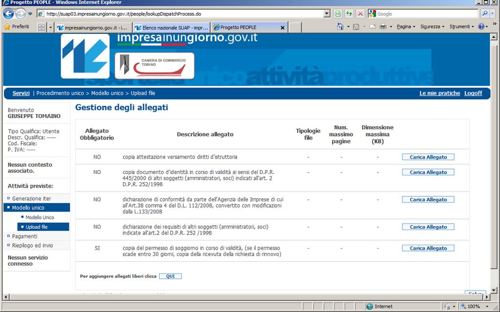 Al termine della compilazione della pratica l utente inserisce tutti gli allegati