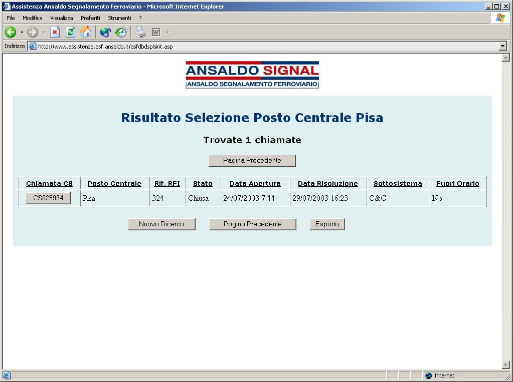 Visualizzazione Dettaglio Chiamata Figura 4 - Visualizzazione sintetica delle chiamate trovate In Figura 4 viene presentata la pagina Risultato Selezione in cui viene visualizzato il risultato della