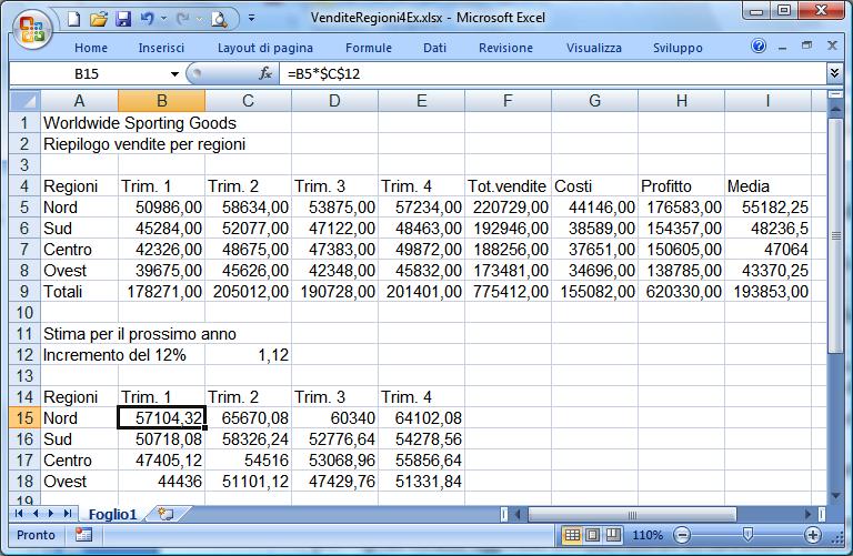 Excel 2007 VERSIONE PERSONALE 12. Nella cella C14, introdurre una formula che incrementi del 15% il totale delle vendite della cella B9.