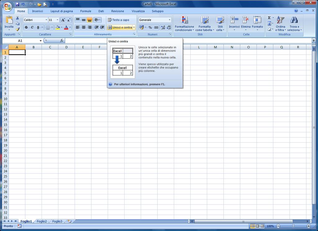 Lezione 1 Introduzione a Excel 2007 di tipo procedurale è sempre possibile utilizzare la casella di ricerca della Guida digitando una breve descrizione dell informazione desiderata.