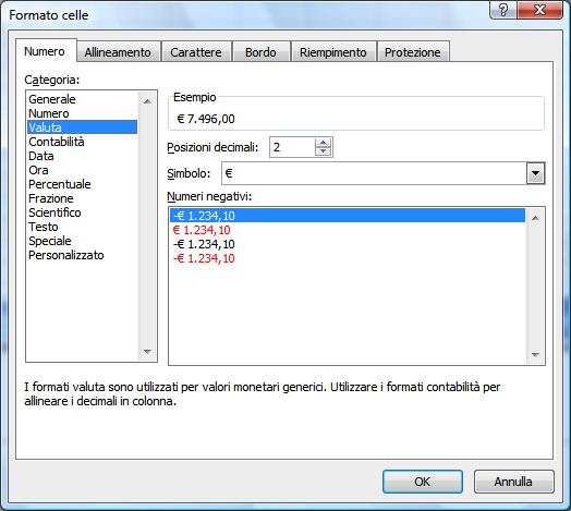 Excel 2007 VERSIONE PERSONALE IL FORMATO VALUTA È possibile visualizzare i numeri con il simbolo di valuta ( ) ed il separatore delle migliaia (.) usando la categoria Valuta o Contabilità.