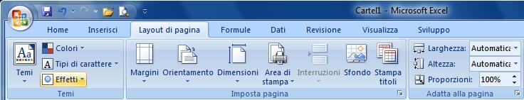 Excel 2007 VERSIONE PERSONALE UN PARTICOLARE DELLA SCHEDA LAYOUT DI PAGINA Sulla barra multifunzione i comandi appaiono raggruppati per funzionalità, ad esempio il gruppo Imposta pagina della scheda