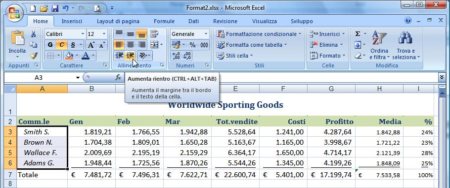 Excel 2007 VERSIONE PERSONALE IL RIENTRO DEL TESTO Excel consente di aumentare il rientro del testo in una colonna. Se necessario, è possibile ottenere fino a 15 livelli di rientro.