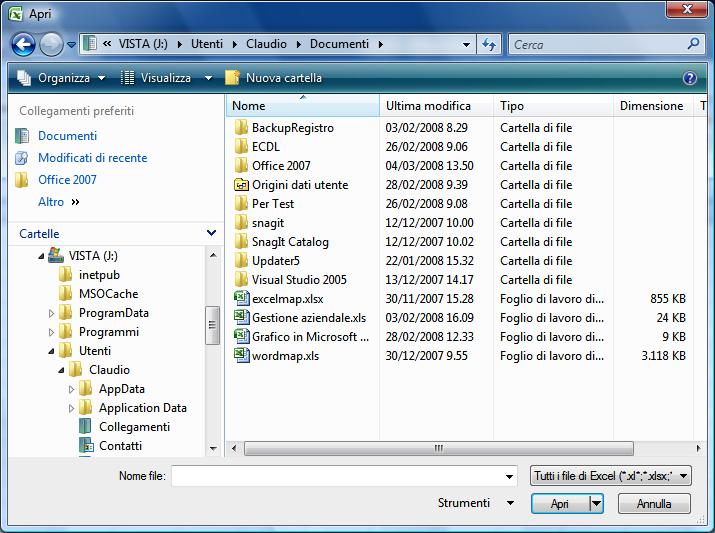 Excel 2007 VERSIONE PERSONALE Pulsanti Indietro Avanti file che si vuole aprire.
