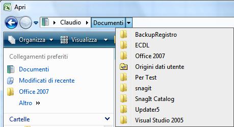 In associazione con Windows Vista, la finestra Apri di Excel 2007 ricalca la normale finestra del file system usata dal sistema operativo.