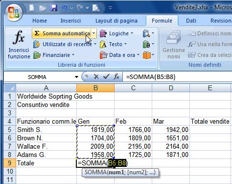 «SUPPLEMENTARE» Lezione 5 Formule e Funzioni Facendo clic sullo strumento Somma automatica viene proposta la selezione di un insieme di celle.