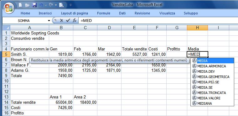 Excel 2007 VERSIONE PERSONALE Funzione Sintassi Descrizione Max =Max(A1:A20) Fornisce il valore maggiore dell'insieme. Min =Min(A1:A20) Fornisce il valore minore dell'insieme. Conta numeri =Conta.