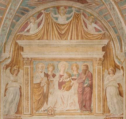 Maria allatta Gesù con Pietro, Caterina, Margherita e Paolo In questo affresco c è una donna seduta con un bambino. La donna è Maria, la Madonna. Maria ha i capelli biondi e un velo sulla testa.