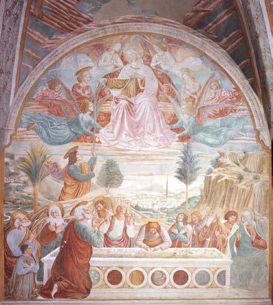 La consegna della cintura a Tommaso In questo affresco ci sono molte persone. Alcune persone guardano verso il basso. In basso c è una tomba.