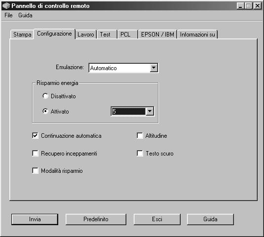 CONFIGURAZIONE È possibile configurare le varie funzioni della stampante. Emulazione seleziona l emulazione per stampare un documento. L impostazione predefinita in fabbrica è Automatico.