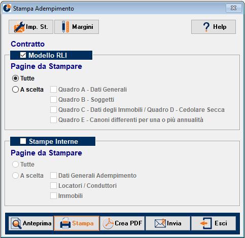 Stampe correlate alla Registrazione: - stampa del modello RLI; - stampa di riepilogo ad uso interno, dei dati indicati nel