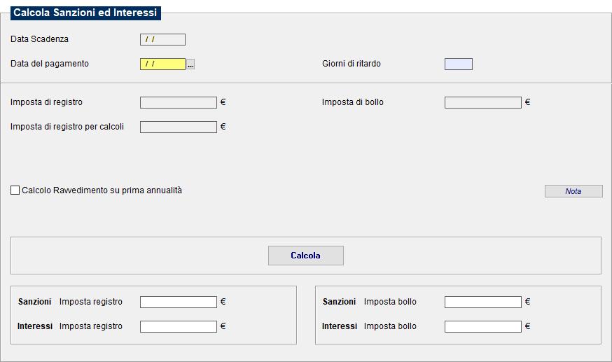 Il pulsante Ravvedimento permette di accedere alla sezione per calcolare gli importi relativi a sanzioni ed interessi.