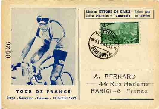 .. 20,00 252 + Risorgimento Lire 6 n. 583 isolato su cartolina di propaganda del "Tour de France" per la tappa Sanremo - Cannes - ann. di Sanremo del 13.7.