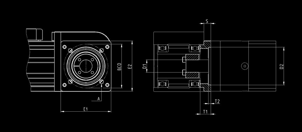 C_Electrics > 208 > Assi elettromeccanici Serie 5E Kit per collegamento riduttore Il kit comprende: N flangia di connessione N 4 viti + N 4 rosette di sicurezza per collegamento flangia N calettatore