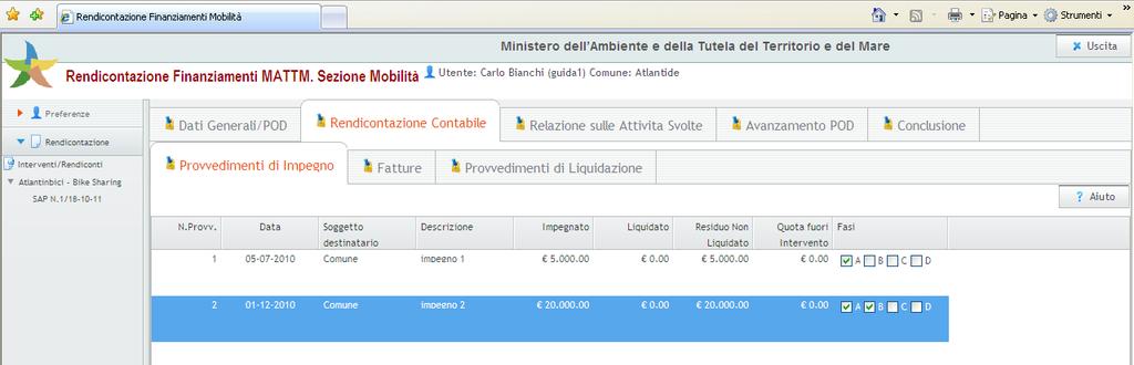 Il Programma sperimentale nazionale di mobilità sostenibile casa-scuola e casa-lavoro : L applicativo web v u w Aspetto grafico 5 di 5 u Zona deputata alle attività di navigazione nei Progetti e nei