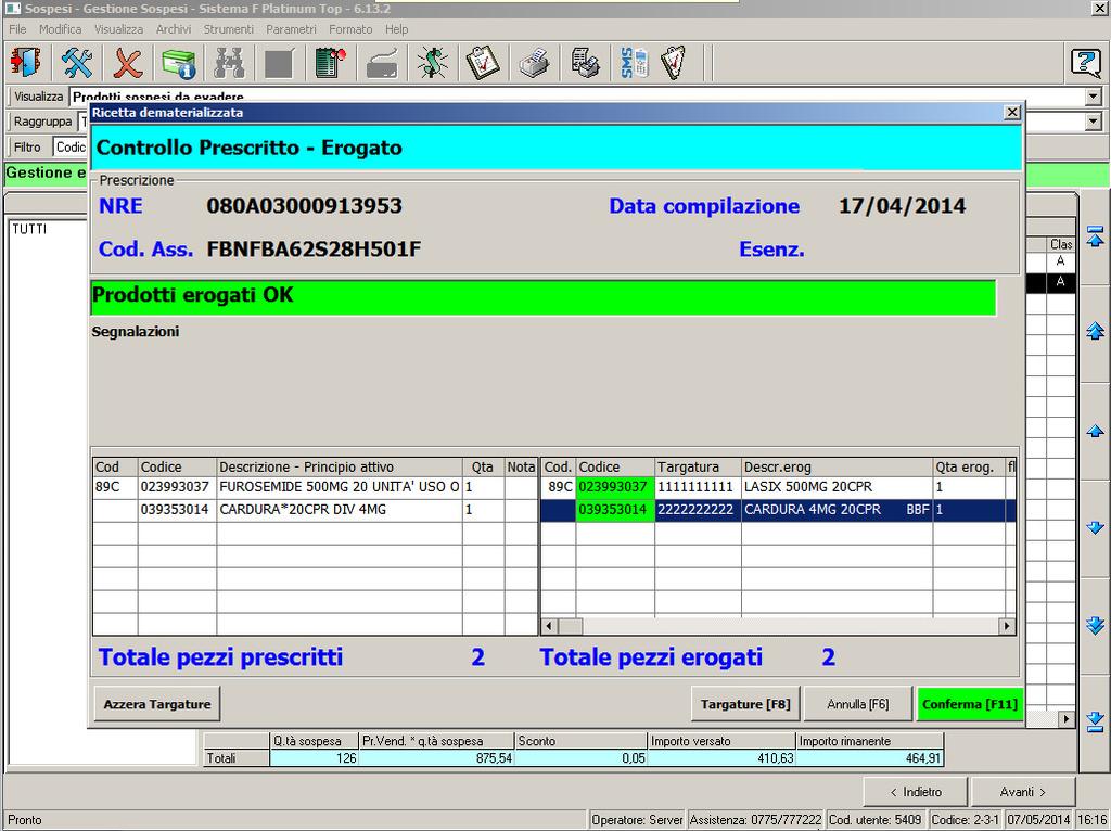 prescritto/erogato in cui cliccare Conferma: