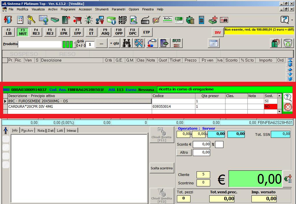 riportati a video i dati della ricetta stessa: descrizione dei prodotti prescritti o del