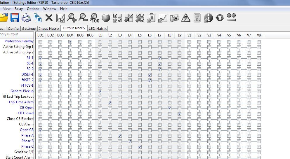 Assegnazione Uscite Matrice Superiore BO= Binary Output L=Led V=