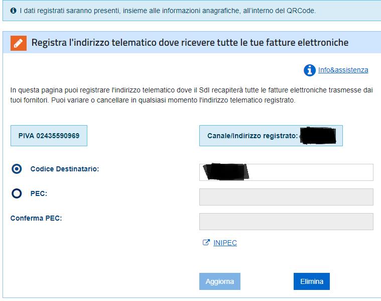 Selezionare Codice Destinatario e inserire il codice destinatario. Accettare le condizioni per attivare il servizio di ricezione.