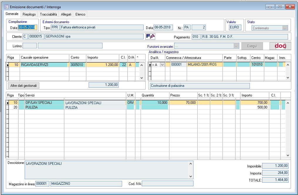 La fattura elettronica ciclo attivo La fattura da emettere in formato elettronico deve essere inserita nel modulo Emissione documenti, come per tutti gli altri documenti in emissione.