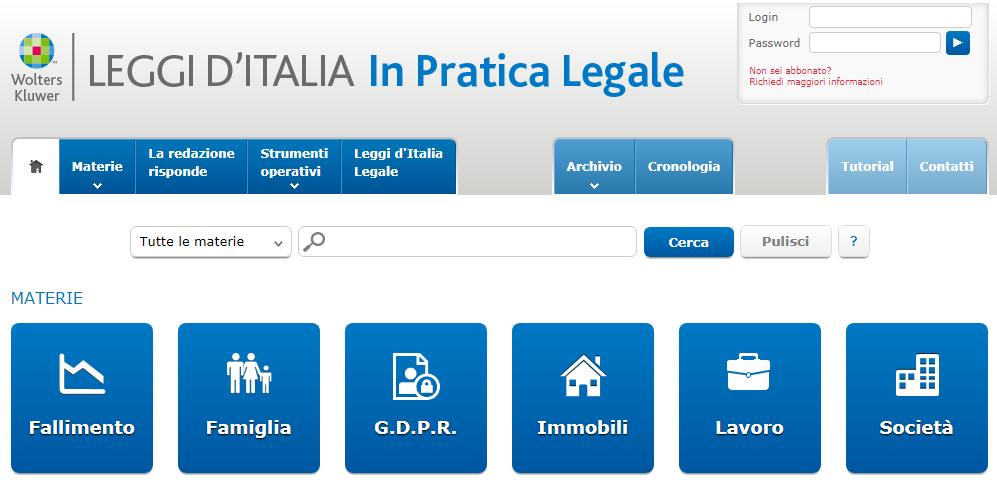 2.L home page 1. BOX di autenticazione Inserire nel box login e password per accedere a Leggi d Italia In Pratica Legale 2 3 1 4 2.