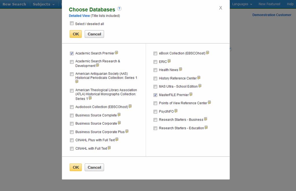La finestra Choose Databases comprende tutte le basi dati attive per la vostra istituzione.
