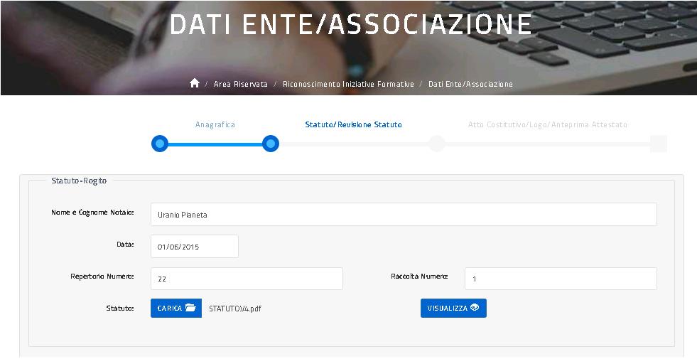 Il tasto Carica permette la selezione del documento direttamente dal proprio PC,