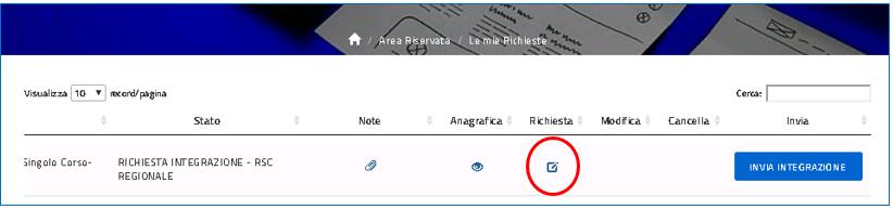 L icona di modifica, visibile da LE MIE RICHIESTE, permette all ente l aggiornamento dei soli dati inseriti durante la fase di inserimento della RICHIESTA.